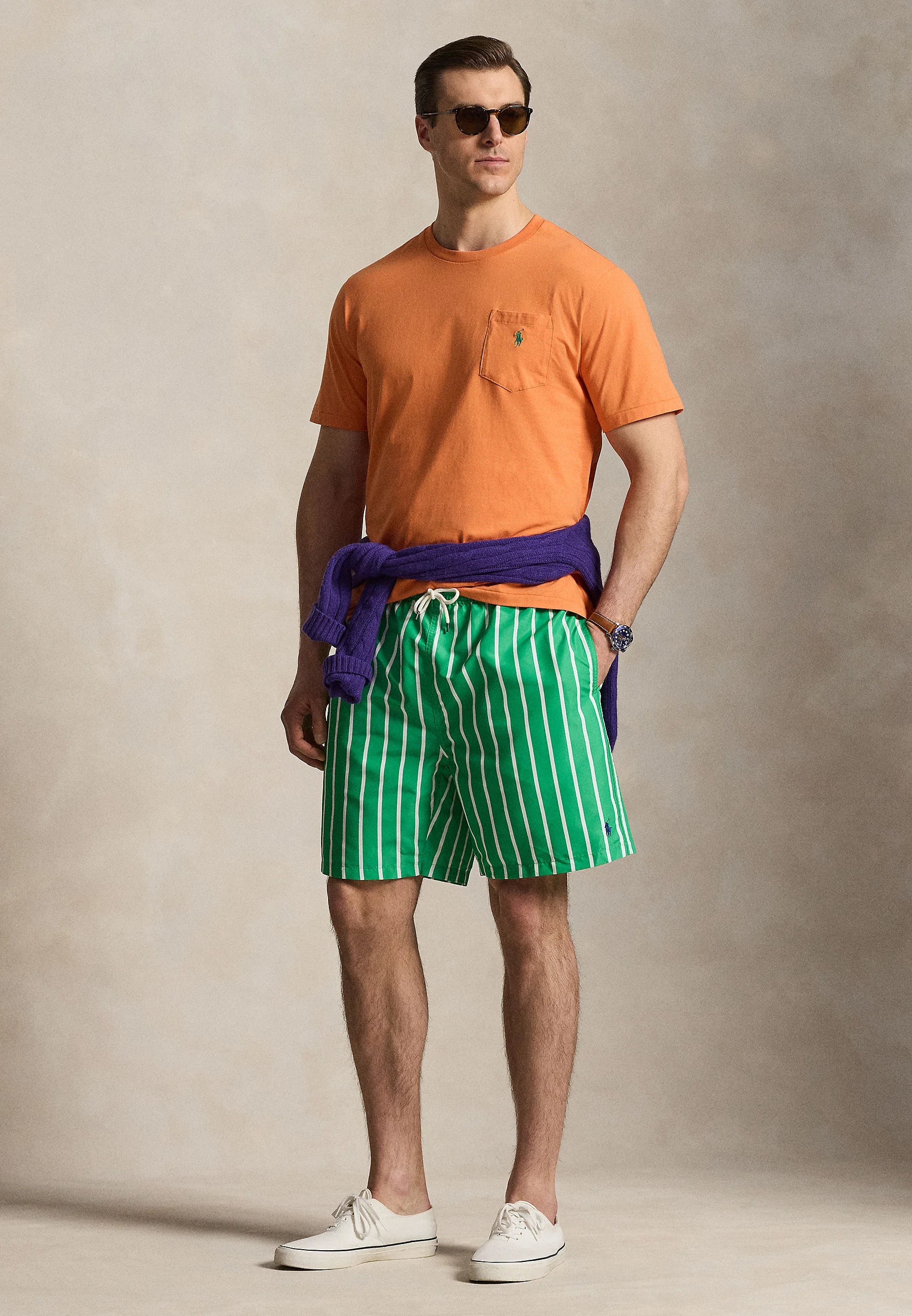 Polo Ralph Lauren Big & Tall Short de bain Traveller à rayures vertes – Vert, Blanc