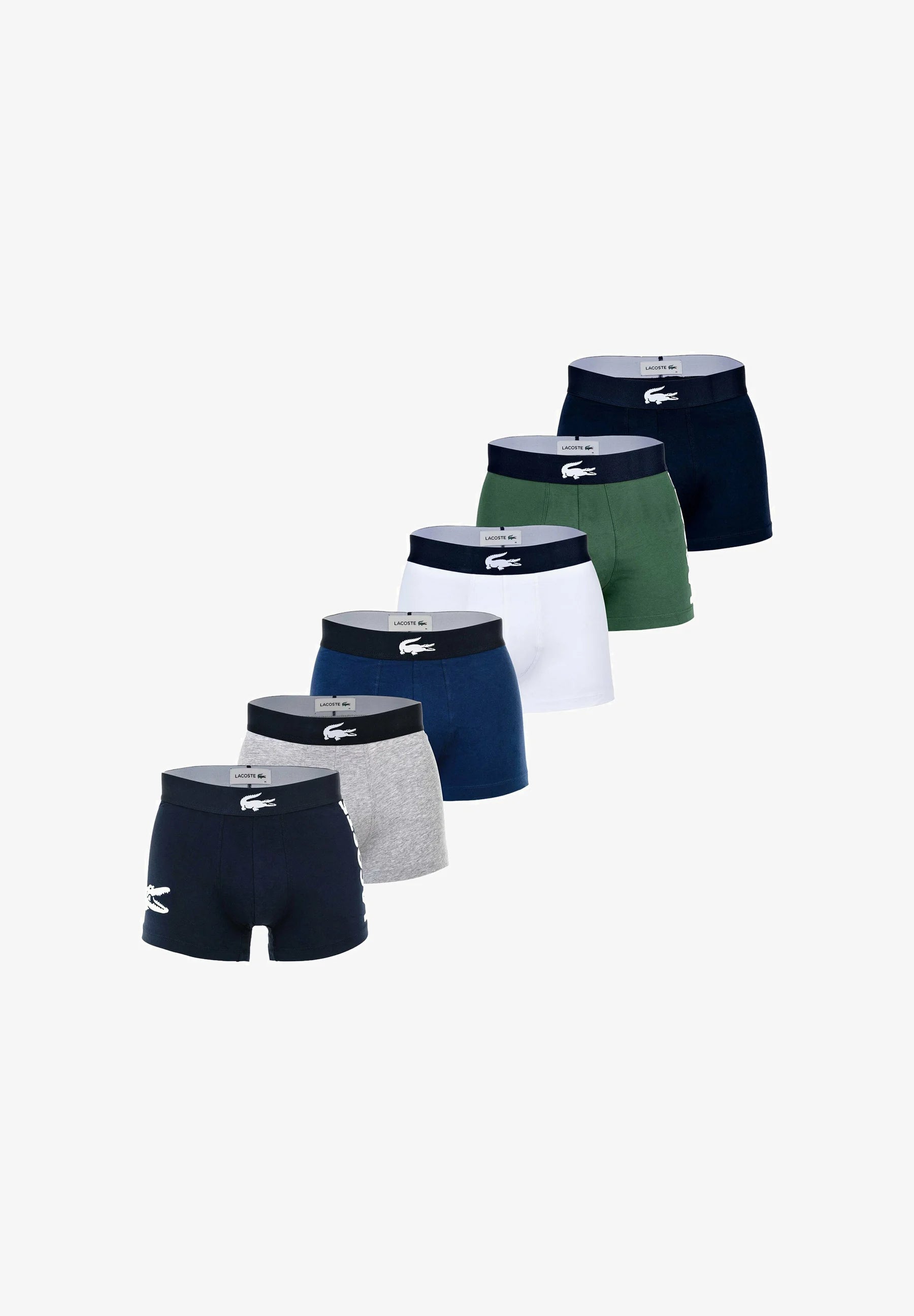 Lacoste 6 Pack Big Croc Print Stretch Trunks – Dark Blue, Grey, Green, White