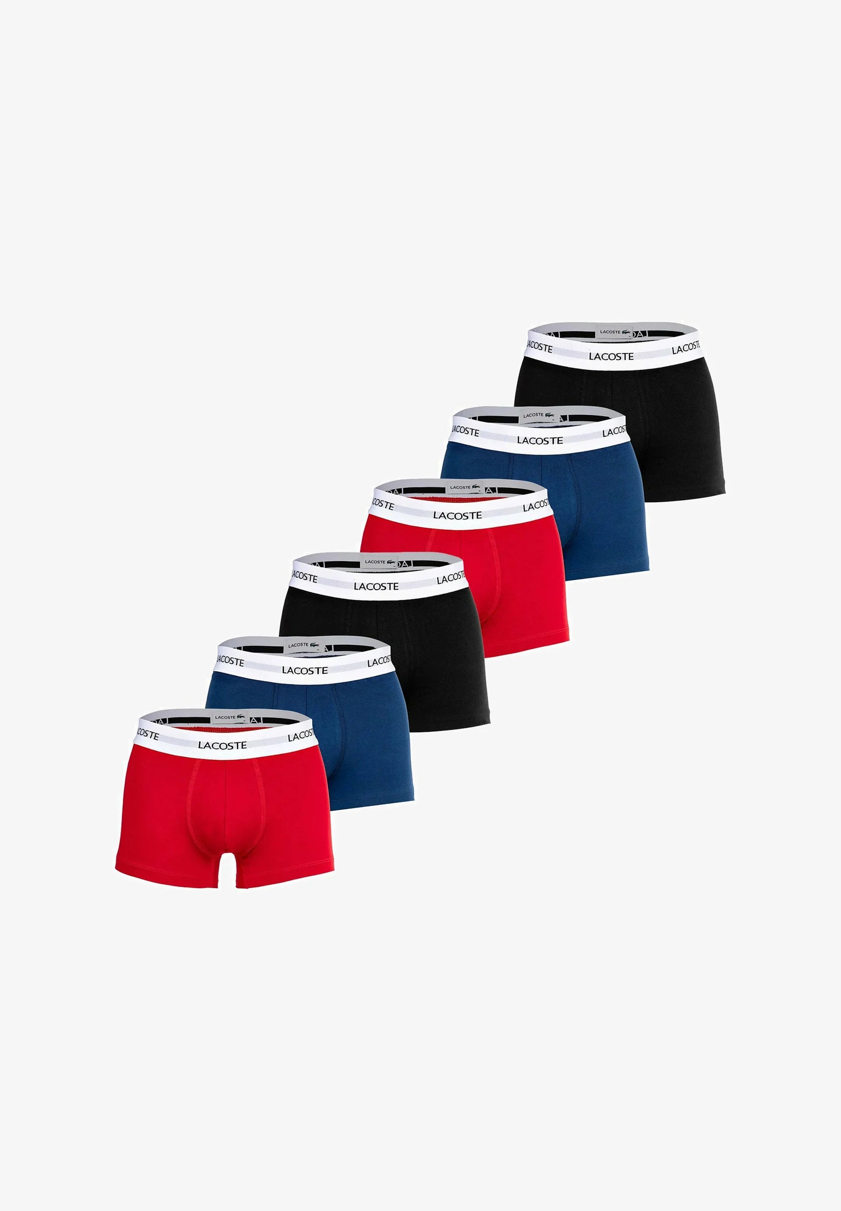 Lacoste 6 Pack Stretch Logobund Trunks – Red, Blue, Black